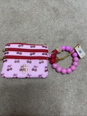 Simply Southern Pink Cherry Print Triple Zip Wristlet with Bubble Keyring